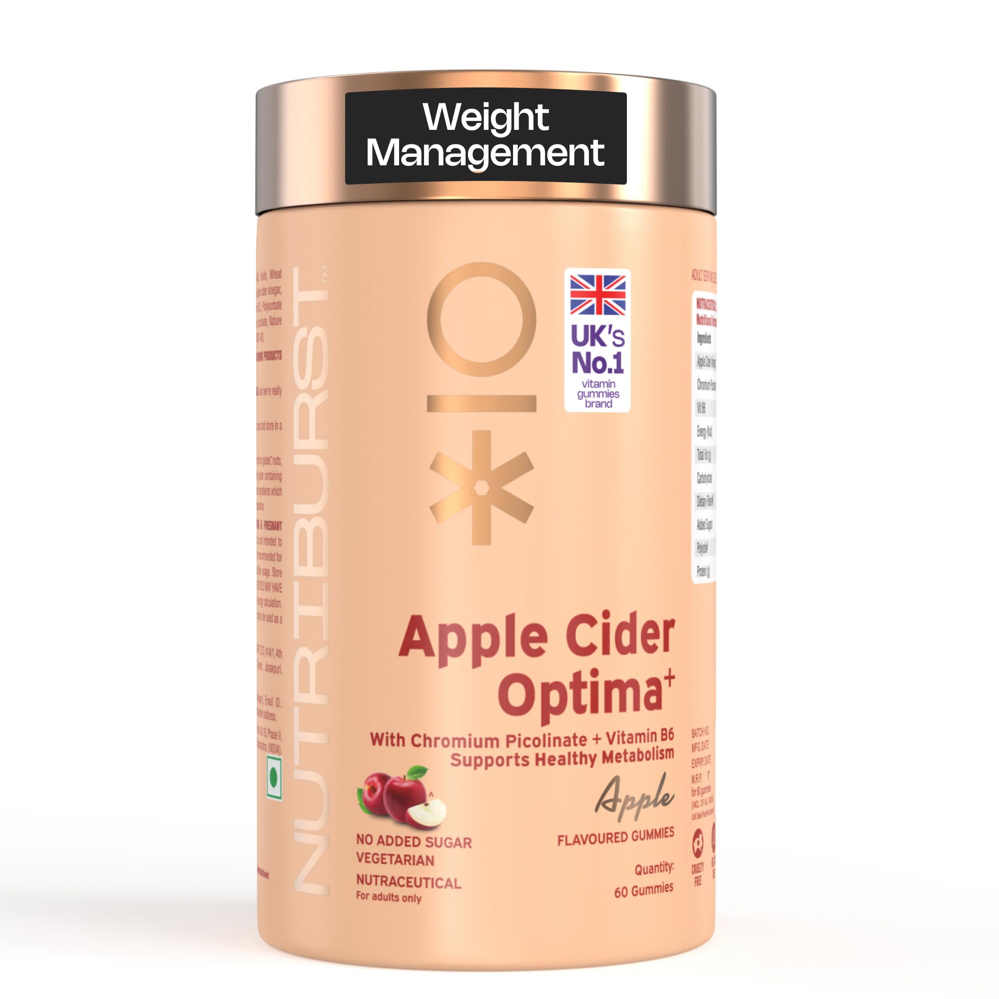 Nutriburst Apple Cider Vinegar 500mg ACV Gummies For Healthy Metabolism | Gut Health & Digestion | Chromium Picolinate Vitamin B6 | Immune Support & Natural Detox | 60 Gummy