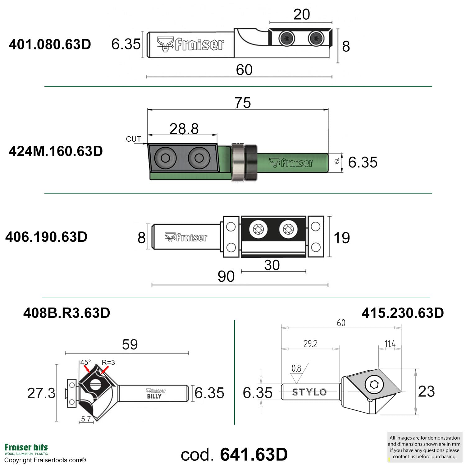 Fraiser Fräser Set 6,35 mm (1/4 Zoll) Schaft - Wendeplattenfräser, 3 Stück, Holzfräser für Oberfräse, Kantenfräse und Frästisch - Einsteiger Set