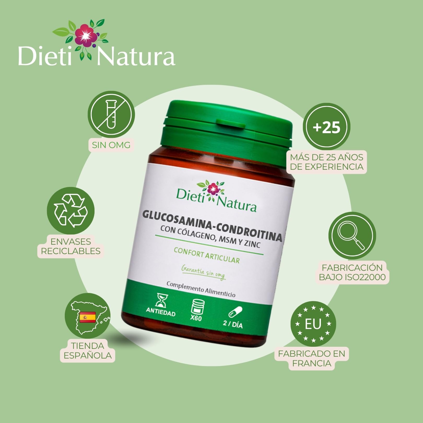 Dieti Natura Cápsulas de Glucosamina con Condroitina - Con MSM, Colágeno Marino, Zinc y Manganeso - Para la Flexibilidad y Movilidad de las articulaciones - Fabricado en Francia sin OMG (60 Cápsulas)