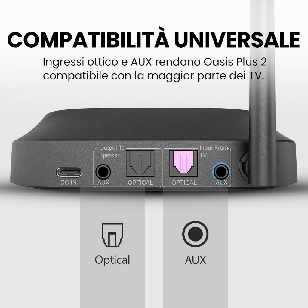 Avantree Oasis Plus 2 – Trasmettitore Bluetooth per TV con controllo del volume a distanza, supporta due cuffie, aptX‑Adaptive, passthrough soundbar, per TV con uscita ottica o AUX