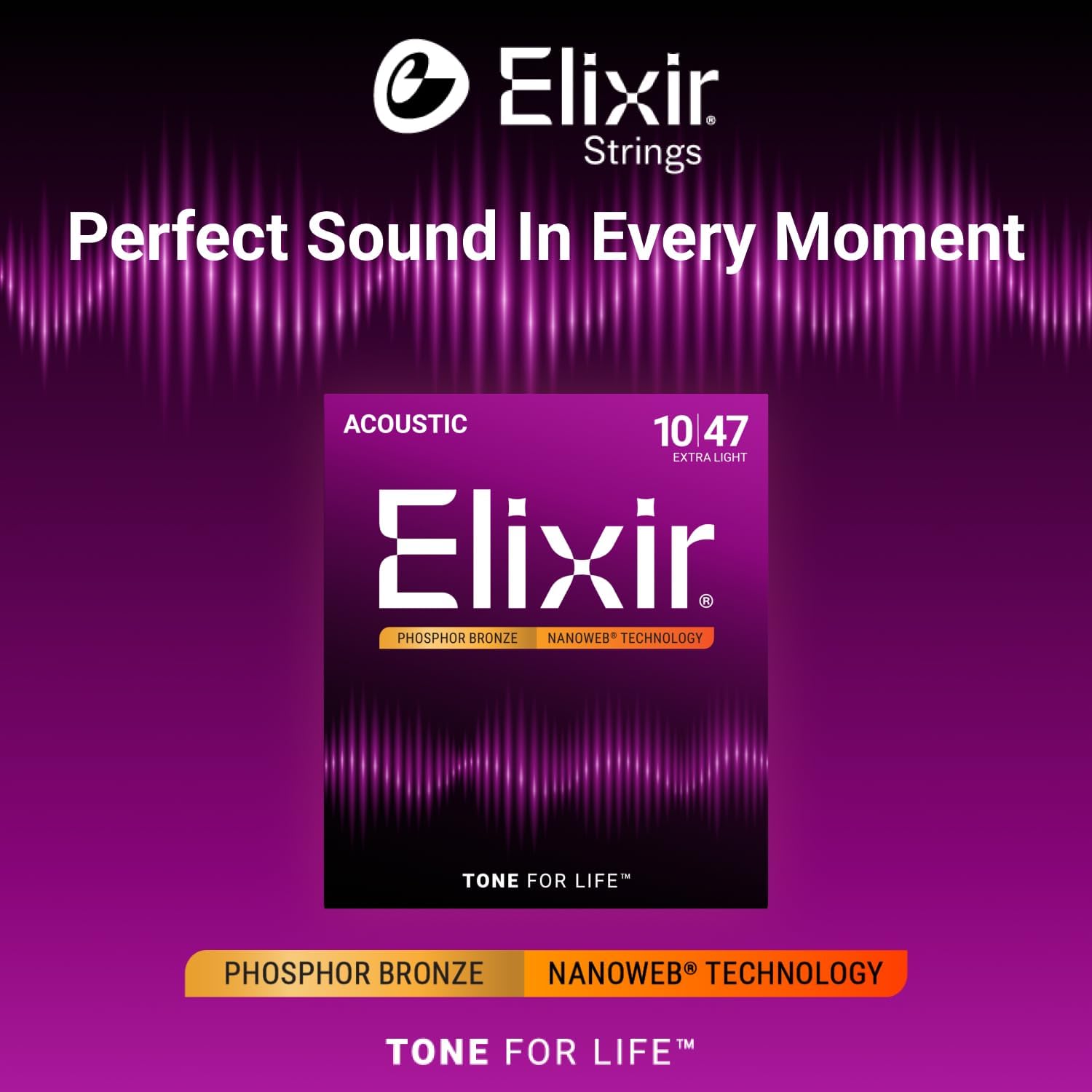 Elixir Strings, Acoustic Guitar Strings, Phosphor Bronze with NANOWEB Technology, Longest-Lasting Rich and Full Tone For Life with Comfortable Feel, 6 String Set, Extra Light 10-47