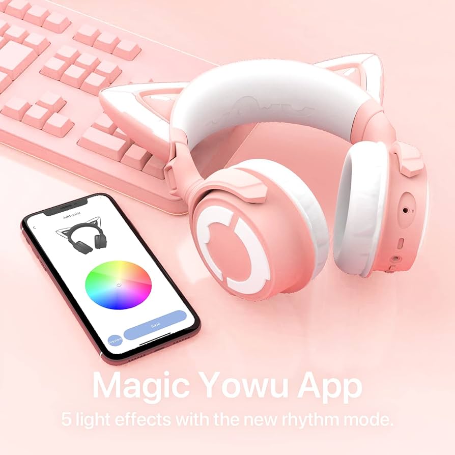 Yowu 猫耳 ゲーミング RGB ヘッドセット ４ ピンク　第4世代 RGBライト・人気なデザイン】ゲーミングヘッドセット 猫耳