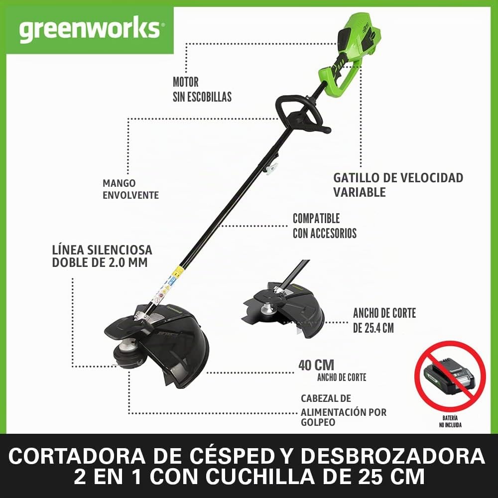 Greenworks 40V Desbrozadora a Batería, Motor sin Escobillas, Arnés, Altura Regulable, Ancho Corte 40 cm, Hilo Nylon 2 mm o Cuchilla 25 cm SIN Batería (40 V) y Cargador, 3 Años de Garantía GD40BC