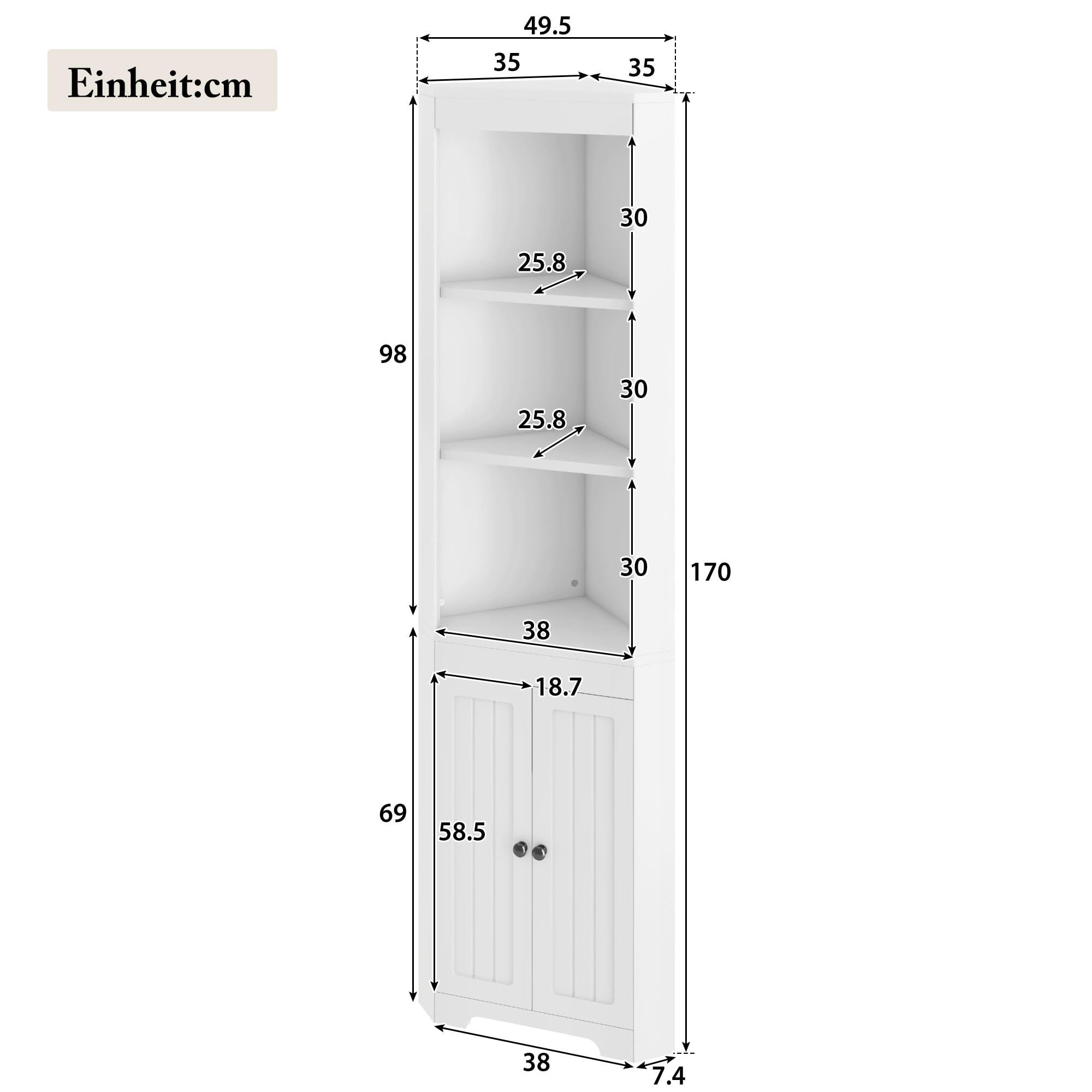 SogesHome Badezimmerschrank hoch mit offenen Regalfächern und Tür, platzsparender Eckschrank aus MDF, Feuchtigkeitsgeschützt, Einlegeböden höhenverstellbar, Weiß, Modernes Design (Weiß)
