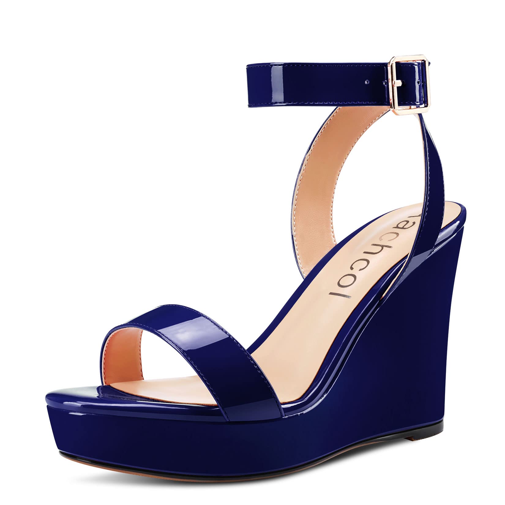 Aachcol Women Platform Wedge Sandals Round Peep Open Toe Ankle Strap Slingback Two-Piece Chunky Block High Heel Dress Shoes Pumps Party Patent 4 Inch