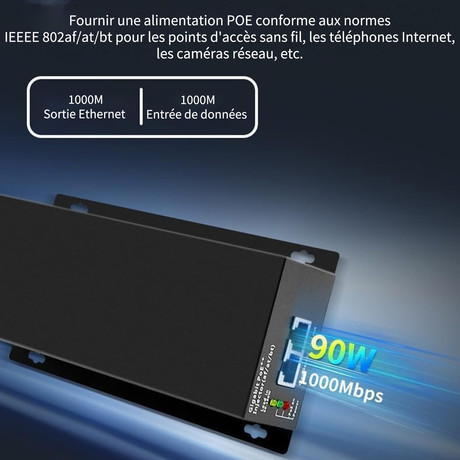 Injecteur PoE Gigabit 90W RJ45 IEEE 802.3af/at/BT | Montage Mural,Câble Secteur EU,Compatible avec les caméras IP/PTZ,points d'accès WiFi,téléphones VoIP,haut-parleurs PoE