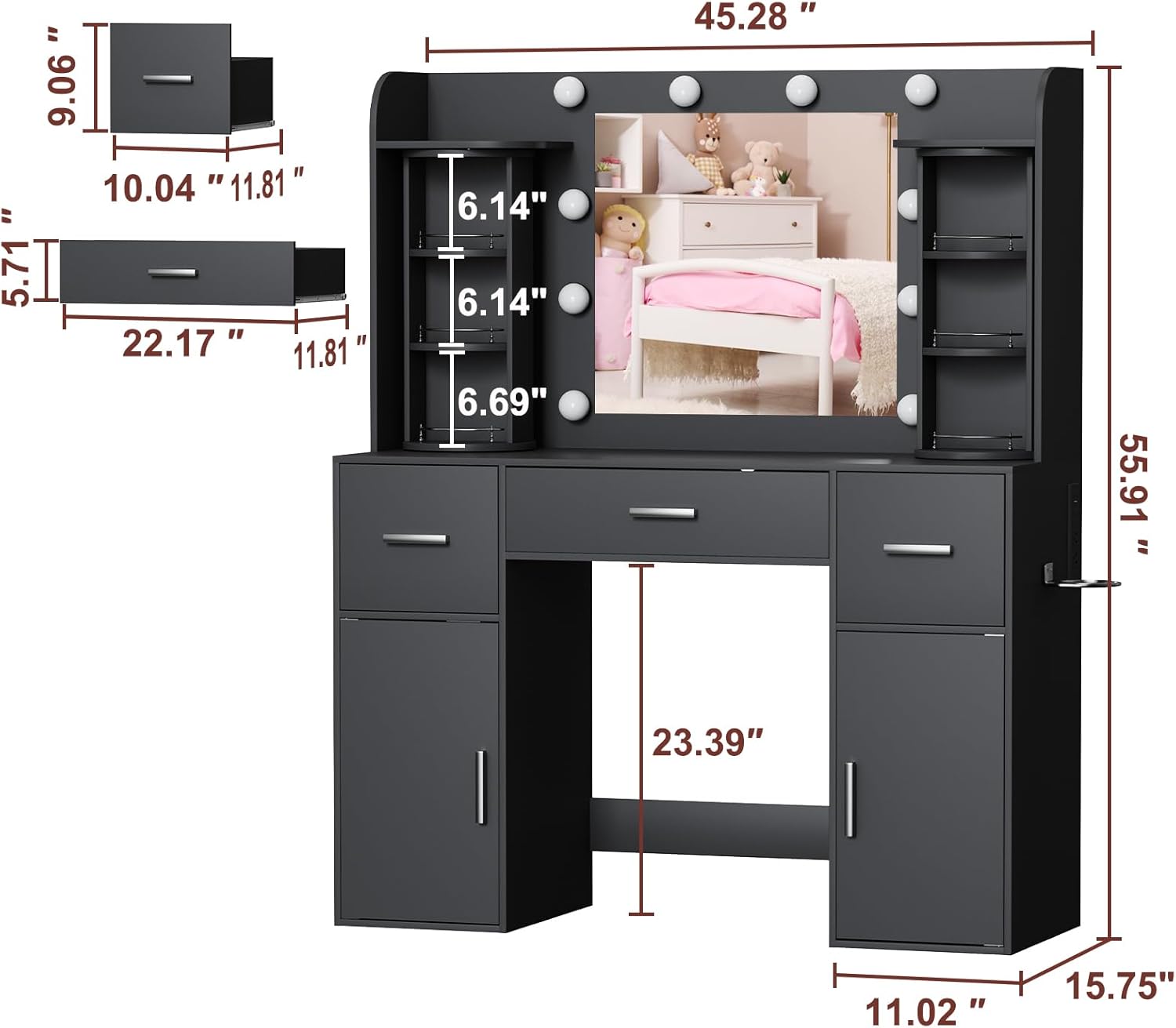 Diagram showing detailed dimensions of the vanity desk