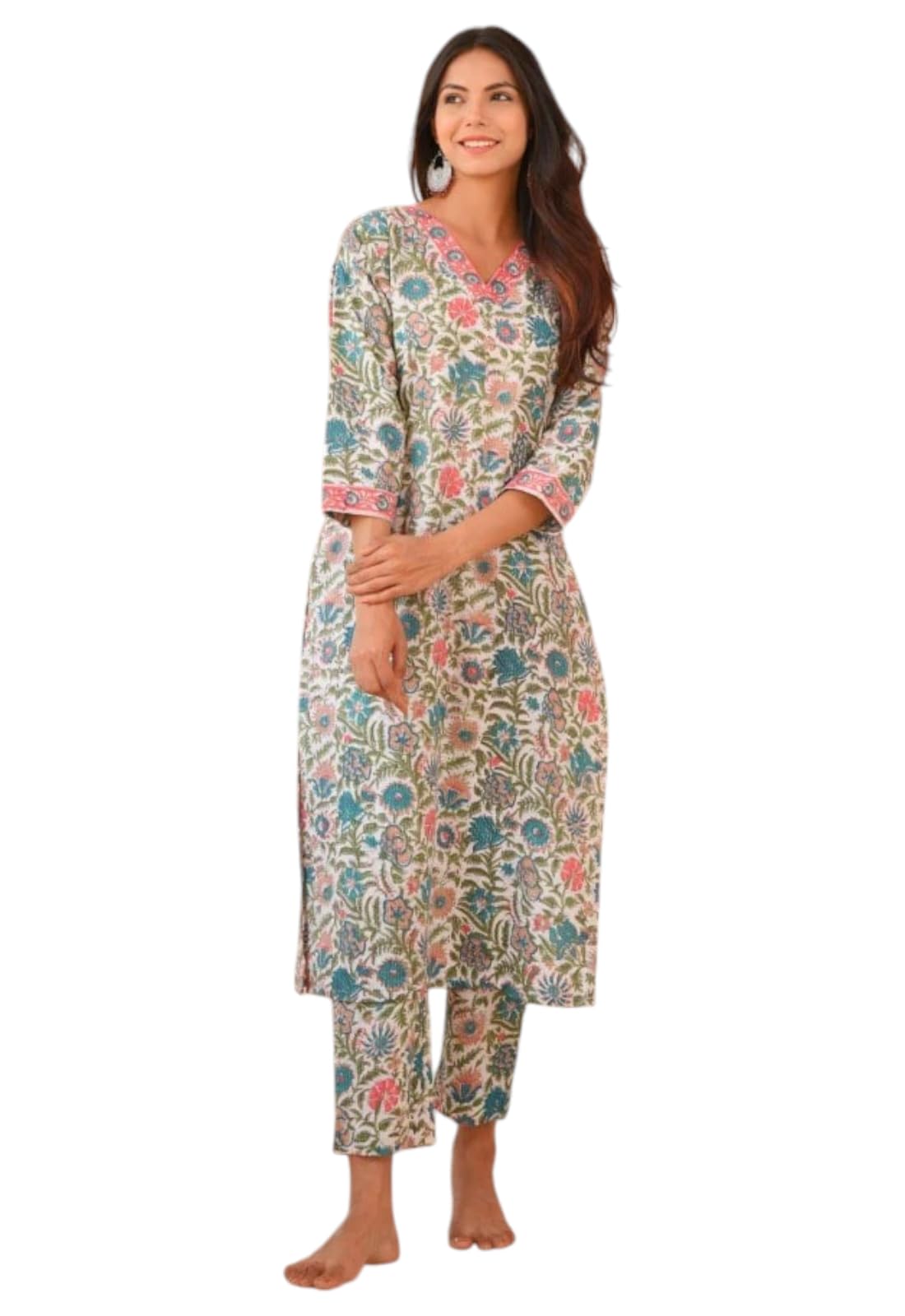 Ensemble kurta en blanc avec pantalon imprimé floral en viscose taille XL - 7