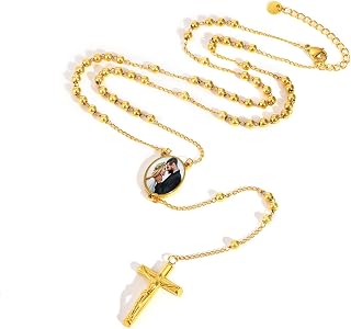 Personalized Rosary Necklace for Women - 14k Gold Plated Custom Picture Rosary Beads Necklaces,Non Tarnish Golden Stainless Steel Y Chain Catholic Jewelry,Rosarios Catolicos Gfts for Catholic Men