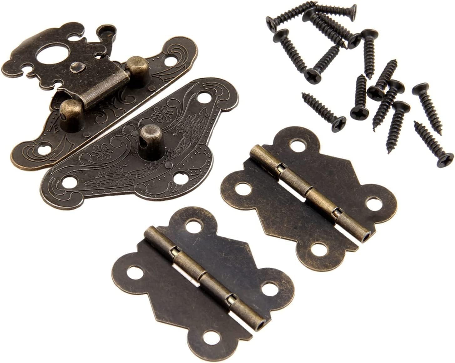Hasps Latch, 1Pc Bronze Jewelry Wooden Box Protective Cover Hasp Buckle + 2Pcs Cabinet Hinge Furniture Fitting Iron Retro Hardware