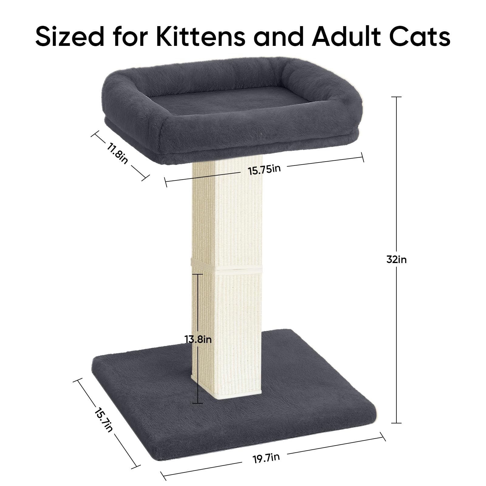 Albero tiragraffi per gatti, 81,3 cm, con grande posatoio in peluche, tiragraffi in sisal e moquette, pali verticali con letto per gatti da interni, fodera rimovibile e lavabile, grigio scuro