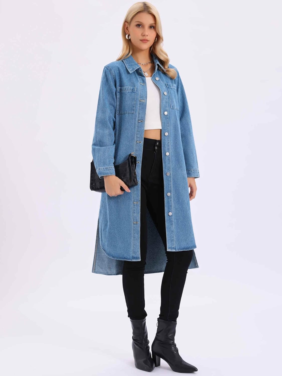 Womens Denim Dress Fall 2025 Curved Hem Button Down Midi Long Jean Jacket - Image 6