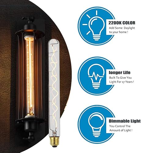 Miniatura 5 de Bombilla de filamento Edison, tubo de ensayo largo en espiral, estilo vintage, T10T32 mediana (E26), base estándar E27, 4 W, 2200 K, regulable,