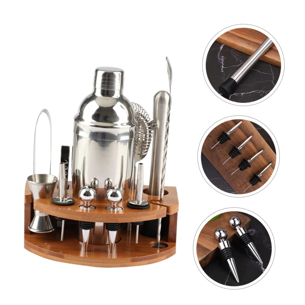 Cabilock Coctelera de Acero Inoxidable 12 Piezas Soporte de Bambú para Preparar Cócteles en Reuniones Amigos Kit Profesional de Herramientas de Barra