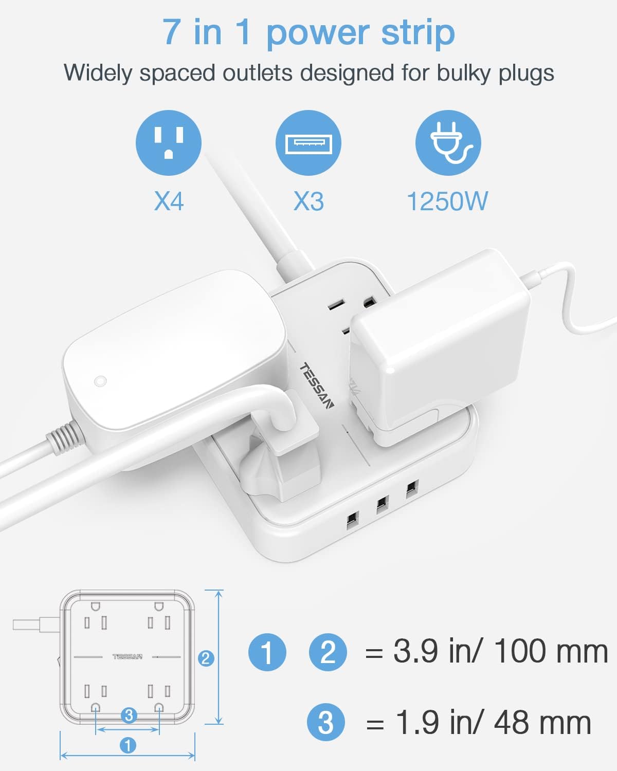 Flat Plug Power Strip, Cruise Power Strip with 3 USB Ports, TESSAN White Extension Cord 5 ft with 4 Outlets, Non Surge Protector for Cruise Ship, Small Charging Station for Dorm, Cruise Essentials