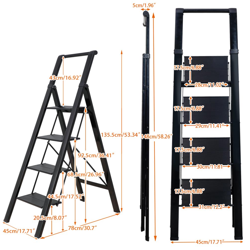BAOYOUNI Scaletta Pieghevole a 4 Gradini in Alluminio Scala Sgabello Domestica Antiscivolo con Maniglione, Leggero e Robusto, Portata Max135 kg, per Casa, Ufficio, Libreria, Garage, Pittura, Nero