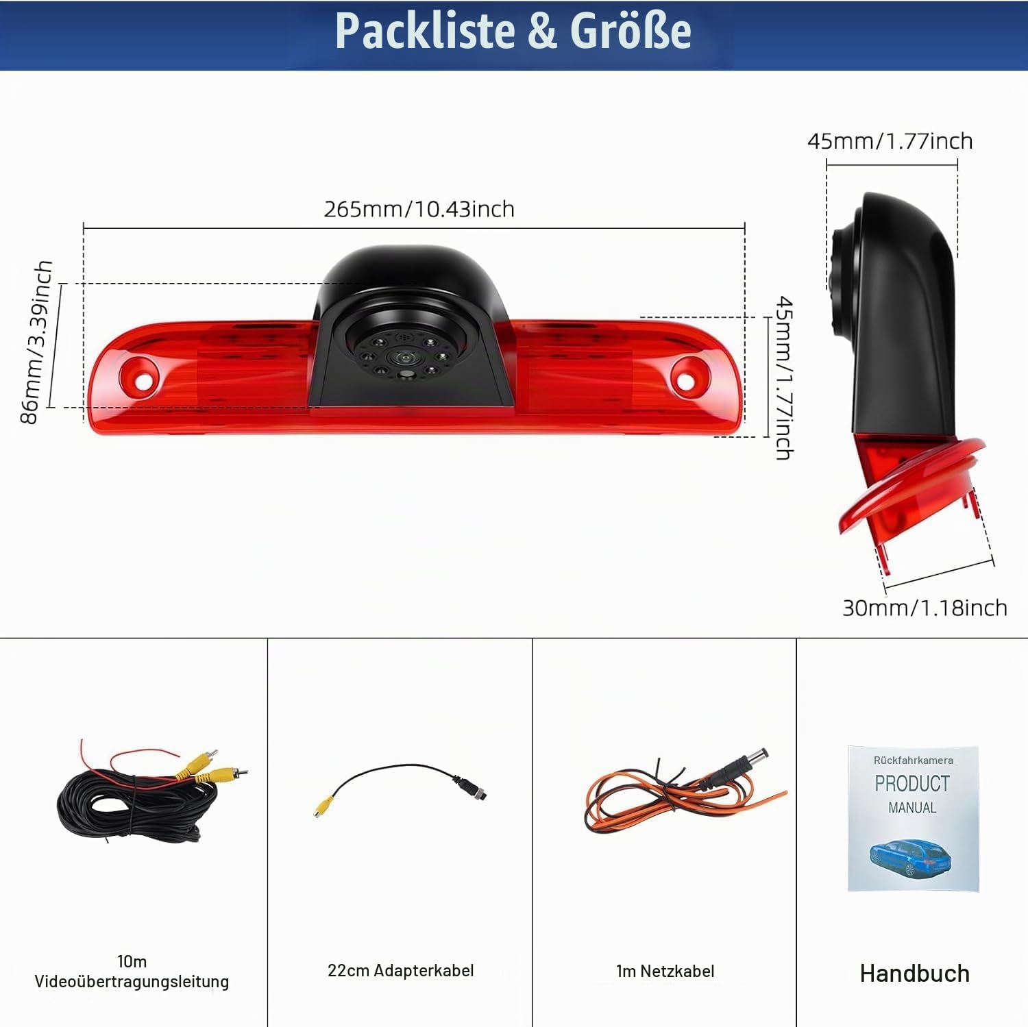 CAMECHO Bremsleuchte Rückfahrkamera HD Nachtsicht IP67 Wasserdichter Kamera für FIAT Ducato Peugeot Boxer 2006-2018 Dritte Bremslicht mit Weitwinkel 140°, 12V, 10M kabelgebundene Verbindung