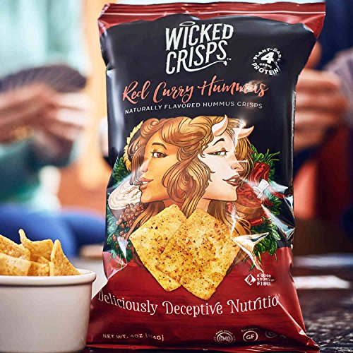 Baked Veggie Chips, Wicked Crisps - Red Curry Hummus, 4 Grams Of Plant Protein, Healthy Snack, Gluten-Free, Low-Fat, Non-Gmo, Kosher, Crunchy Gourmet Savory Crisps, No Additives Or Preservatives, 4Oz Party-Size Bag (4 Pack) #TOP4