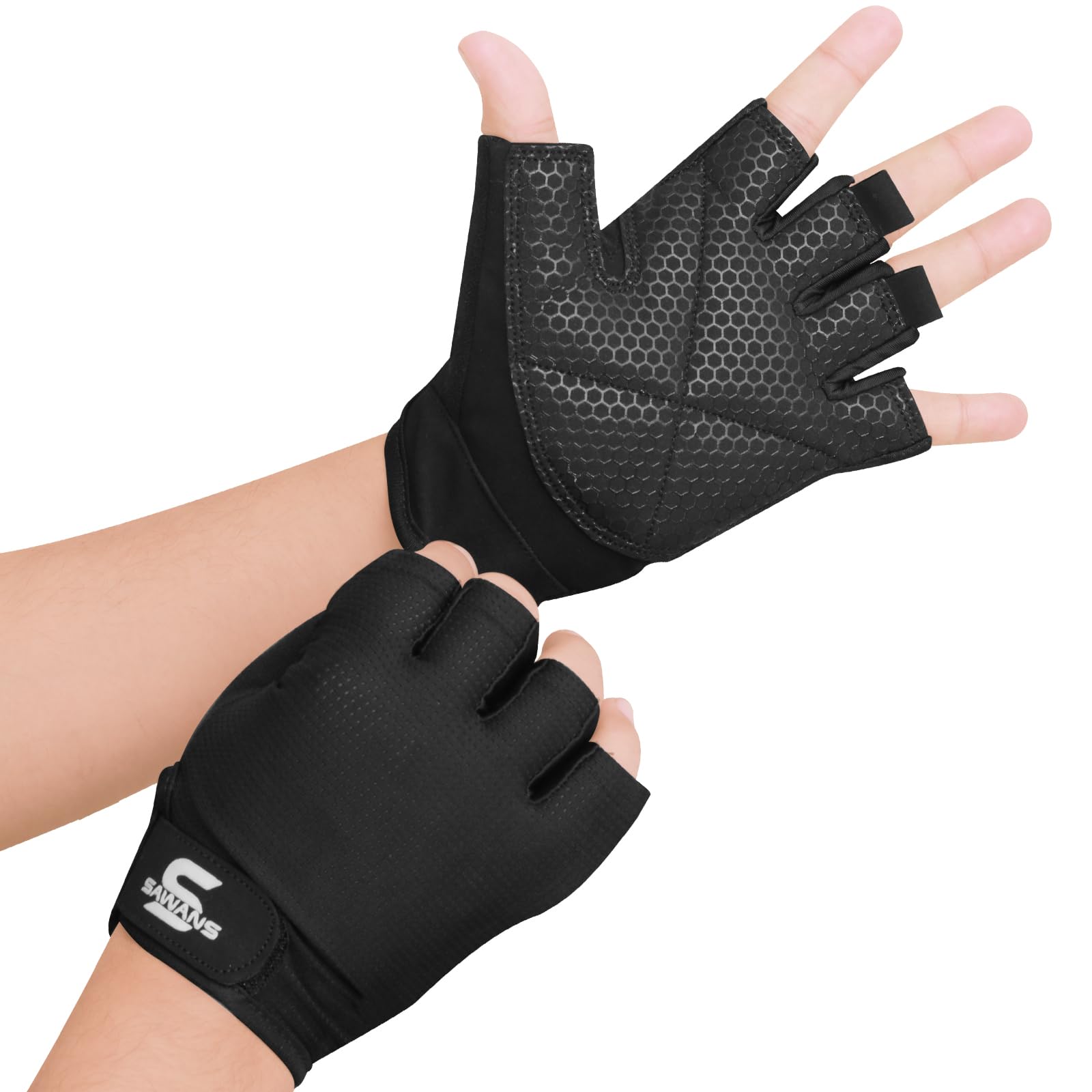 SAWANS Guanti da palestra per allenamento pesi guanti da uomo e donna traspiranti antiscivolo in silicone imbottito palmo protezione per esercizi di allenamento a mezze dita pull up manubri ciclismo