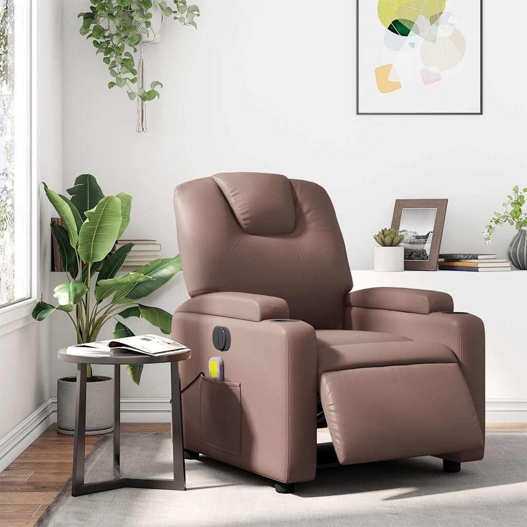 Massagesessel Elektrisch Braun Kunstleder mit 6-Punkt-Vibrationsmassage, Verstellbare Rückenlehne und Fußstütze, Holz Metall Gestell, Bequemer Lounge Stuhl für Wohnzimmer Büro und Leseecke