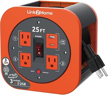 Link2Home 25 ft Retractable Extension Cord Reel 16 AWG SJT Cable, 3 Grounded Outlets, 2 USB A/C Ports 2.4A Fast Charge, Built-In Circuit Breaker, Compact & Tangle-Free Power Reel, Orange