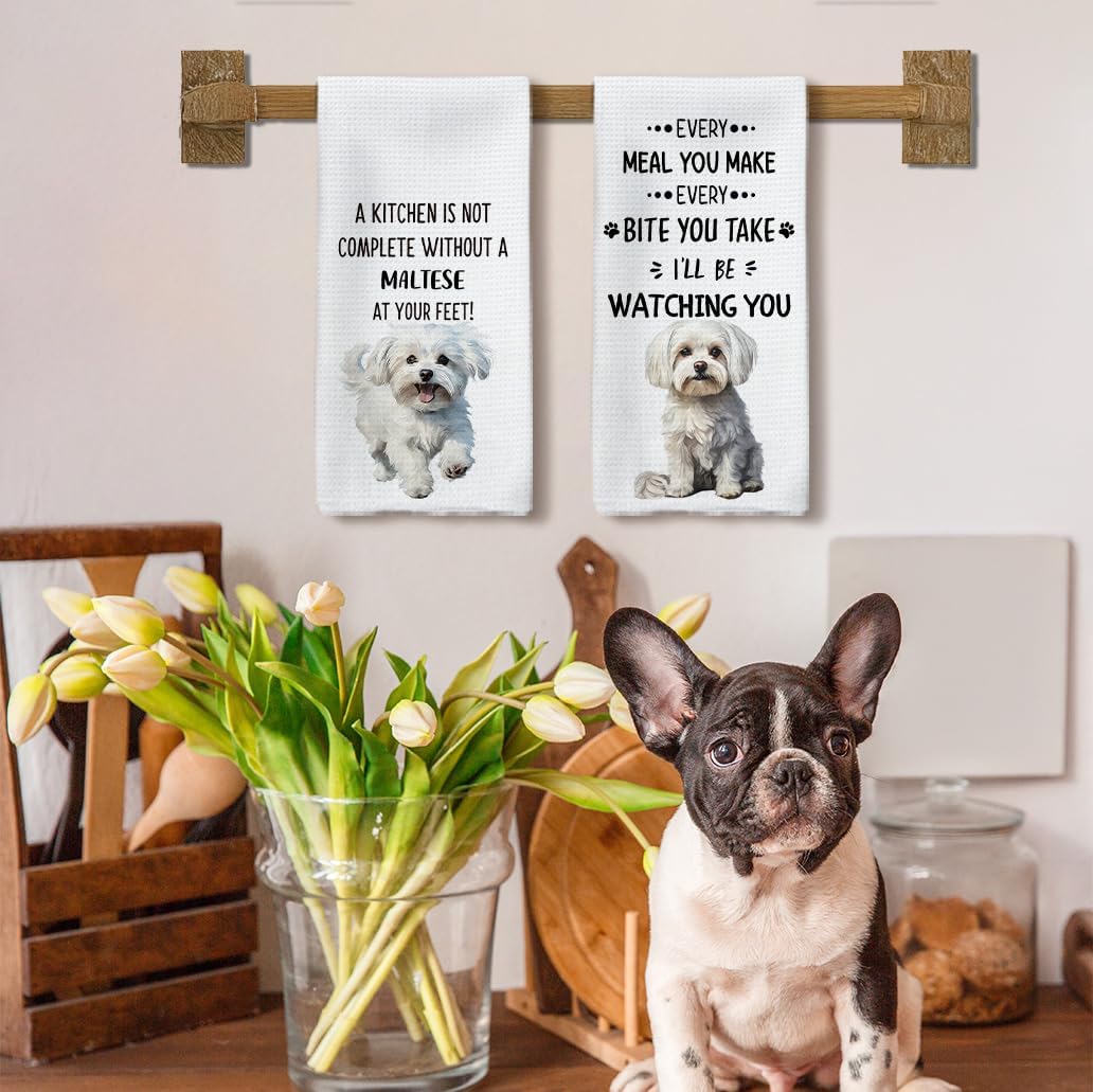 Maltese Kitchen Towels Set of 2, Maltese Lovers Gifts, Dog Decorative Hand Towels, Dog Dishcloths Dish Towel Tea Towel for Kitchen, Dogs Kitchens Bathroom Decor, 16x24inch
