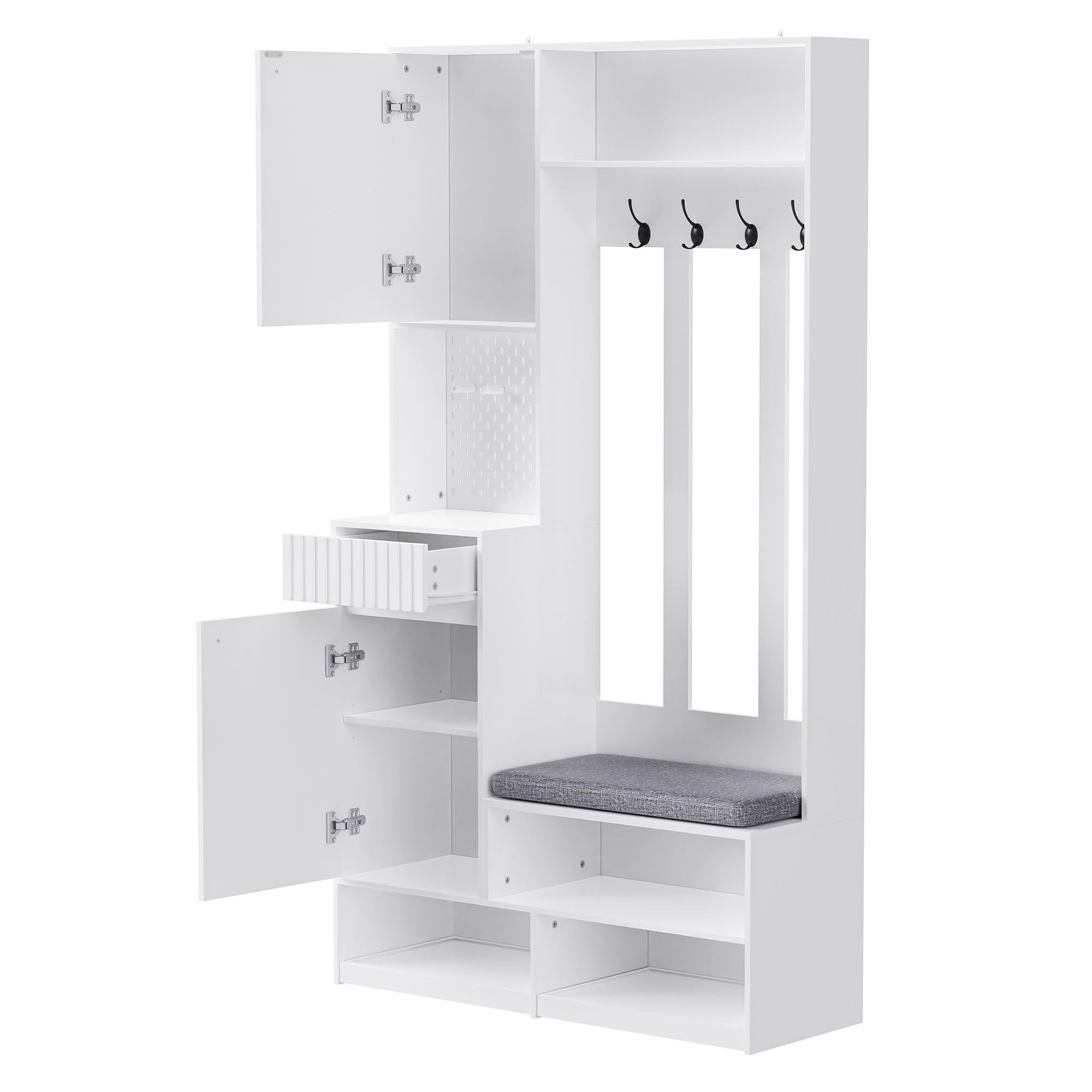Garderobenset, Komplett-Set Flurgarderobe mit Sitzbank, 4 Haken, Türen & Schubladen - Weiß, Kompaktmaße