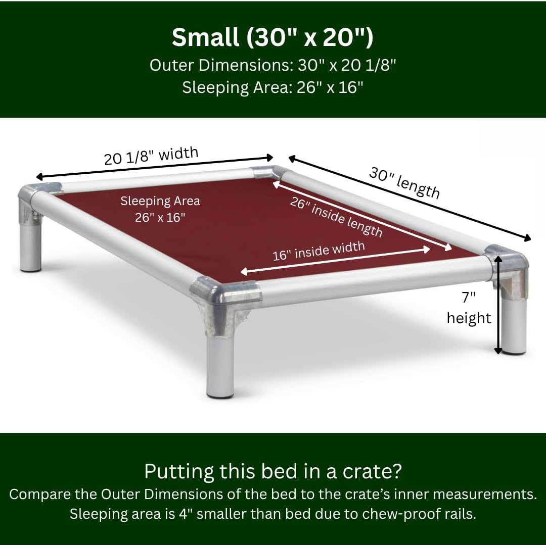 Kuranda Chewproof Elevated Dog Bed - Silver Aluminum - 30" x 20" - Heavy Duty Vinyl - Burgundy