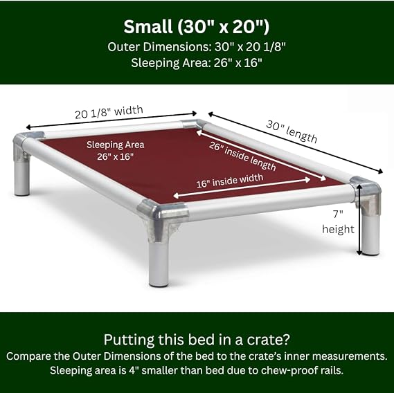 Kuranda Chewproof Elevated Dog Bed - Silver Aluminum - 30 x 20 - Heavy Duty Vinyl - Burgundy