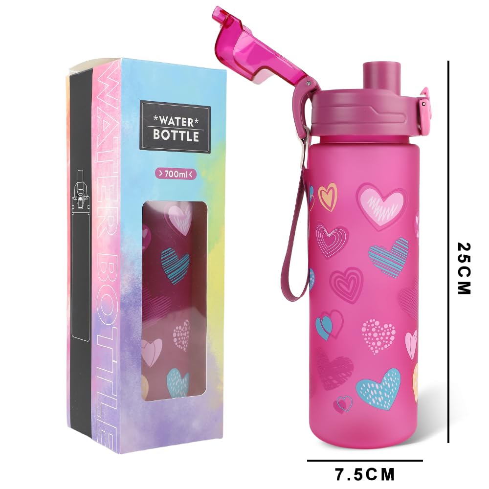 Botellas Agua Niños, 700 Ml, Apta para Bebidas Carbonatadas, Libre de BPA, Apertura con un Solo Toque, Fácil de Limpiar, Botella de Agua de Gran Capacidad, Ideal para La Colegio (Corazón)