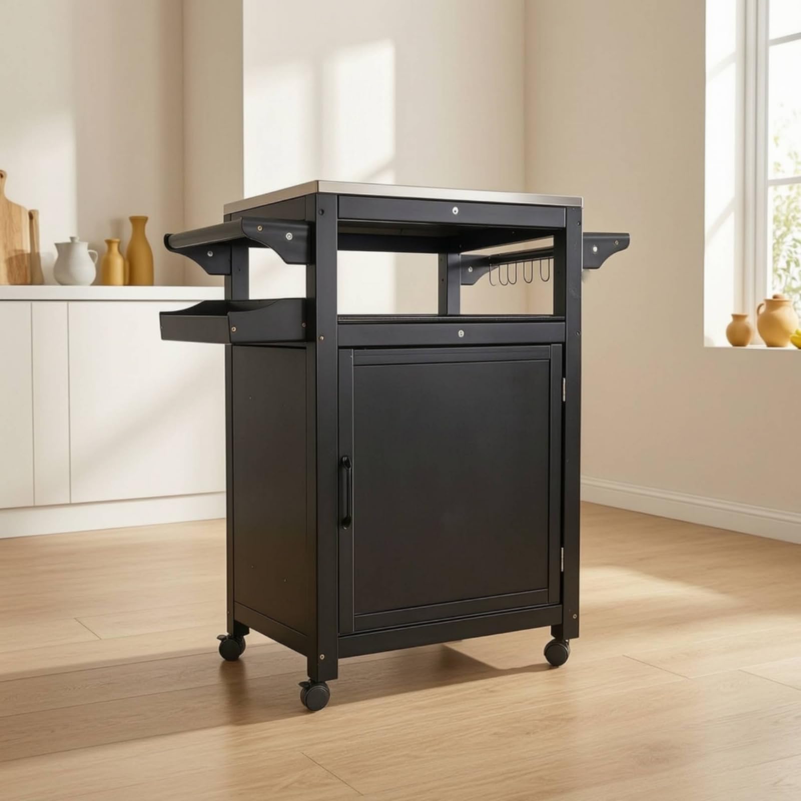 Carrello da Portata da Esterno Carrello da Cucina Isola su Ruote con Vassoio Laterale Piano in Acciaio Inox Ruote Scorrevoli Vano Chiuso Adatto per Feste in Giardino Preparazione Cibi