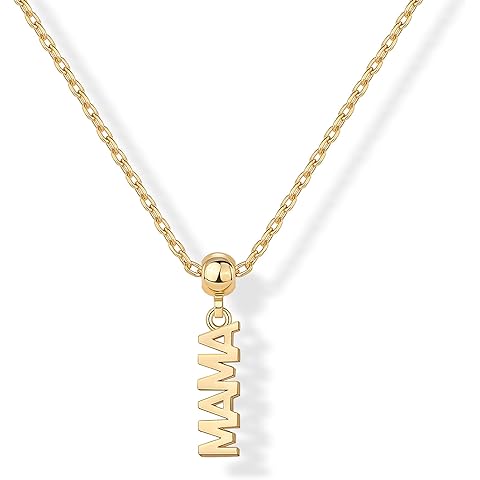 PAVOI 14K Gold Plated Dainty Dog Tag Charm Pendant Mom Necklace for Women - Gold Adjustable Sliding Chain Mama Necklace Jewelry for Mothers Day - Mommy to Be Gift Customizable Removable Charm Pendant