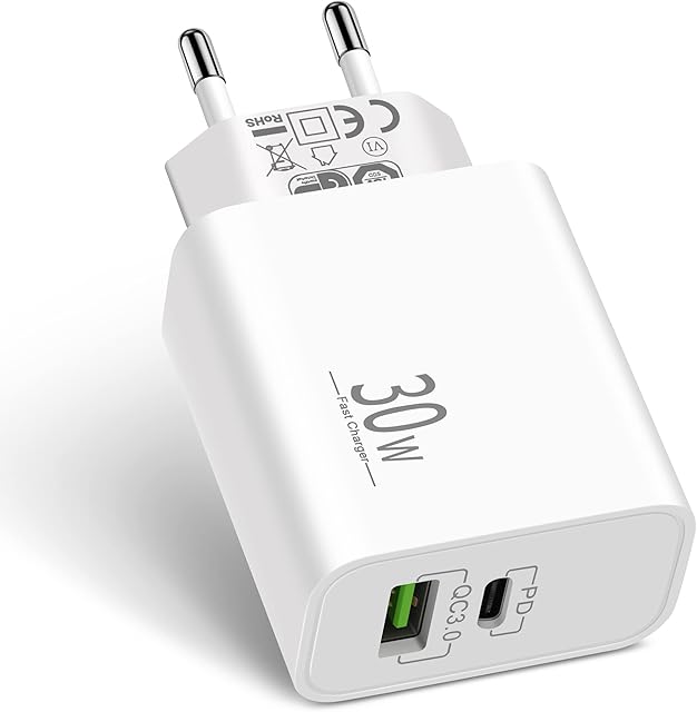 LUOSIKE Zasilacz USB C, 30W Ładowarka USB C z Dodatkowym Portem USB-A, Adapter/Wtyczka USB C, Szybka Ładowarka Kompatybilny z iPhone 15/14/13/12/11/Pro/Max/SE, Samsung S23/S22/S21, Xiaomi, Google itp.
