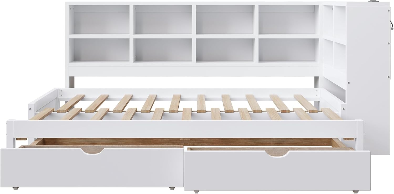 Wood Daybed Twin XL to King Size with 2 Storage Drawers and L-shaped Storage Cabinets, L-Shaped Corner Platform Bed Frame with LED Light and USB Ports for Office Living Room Bedroom (White-2.14)