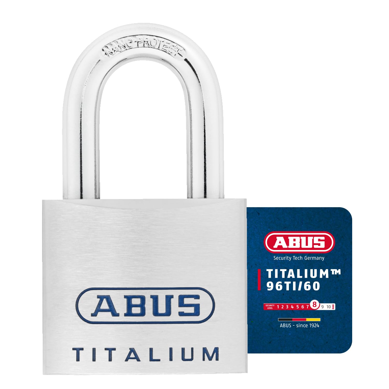 ABUS Candado Titalium 96TI/60 de Aluminio - Nivel de Seguridad 8, Plateado | Cuerpo macizo extraligero, arco acero Nano Protect, llave reversible, cierre automático - 60 mm, 332 g