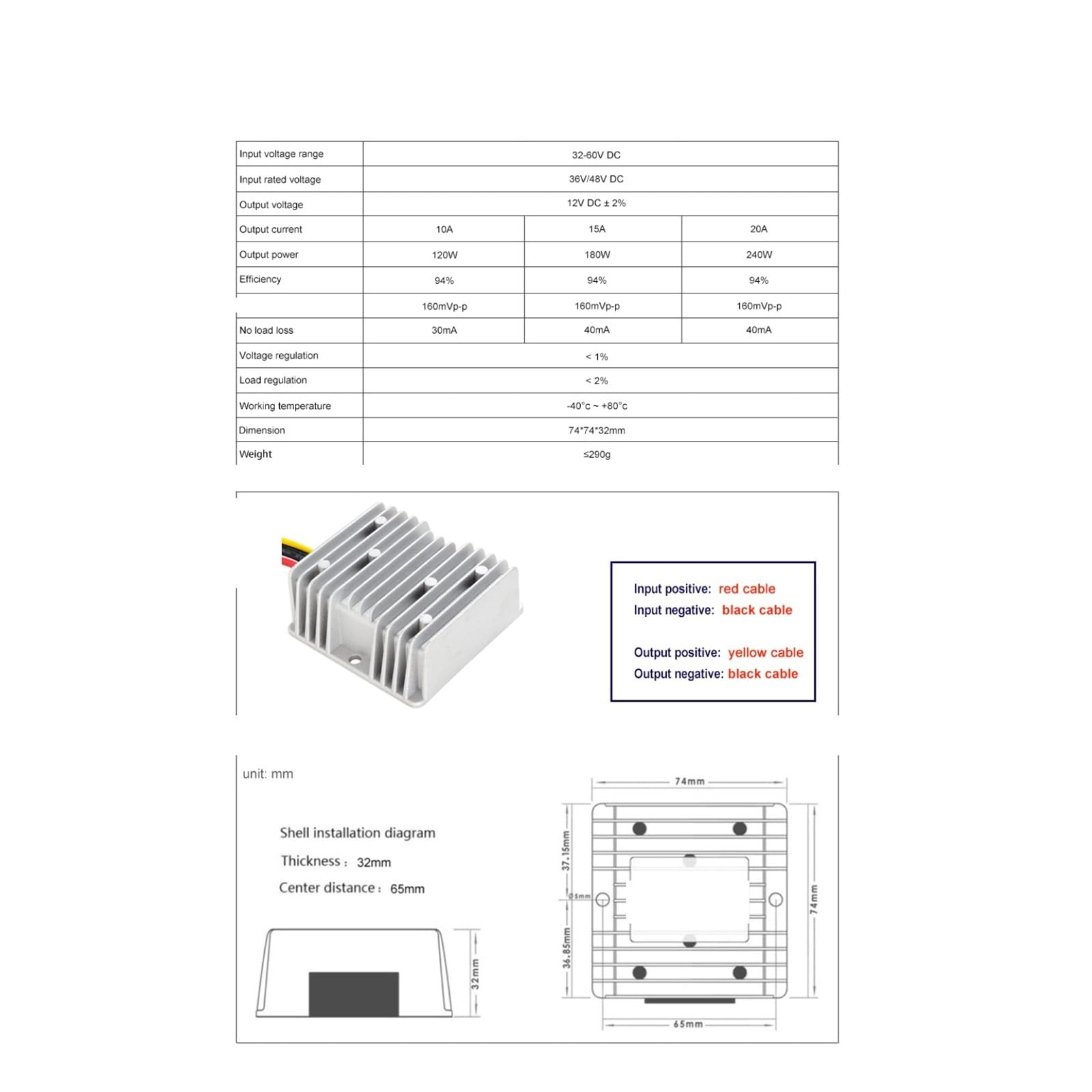 48V(32-60V) a 12V 10A/15A/20A, convertidor Reductor CC CC, módulo Reductor de Voltaje de 240W(20A)