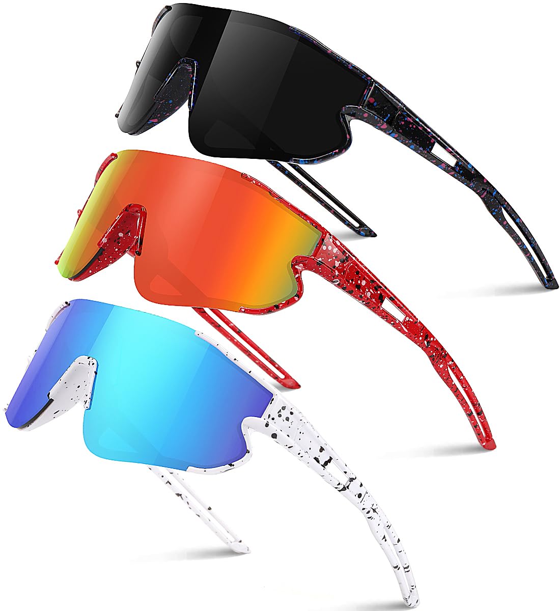 Kids Baseball Sunglasses for Boys Girls Youth Softball Cycling Sports Sunglasses UV400 Protection Age 5-12 3pack-black+red+white/Blue 63 Millimeters