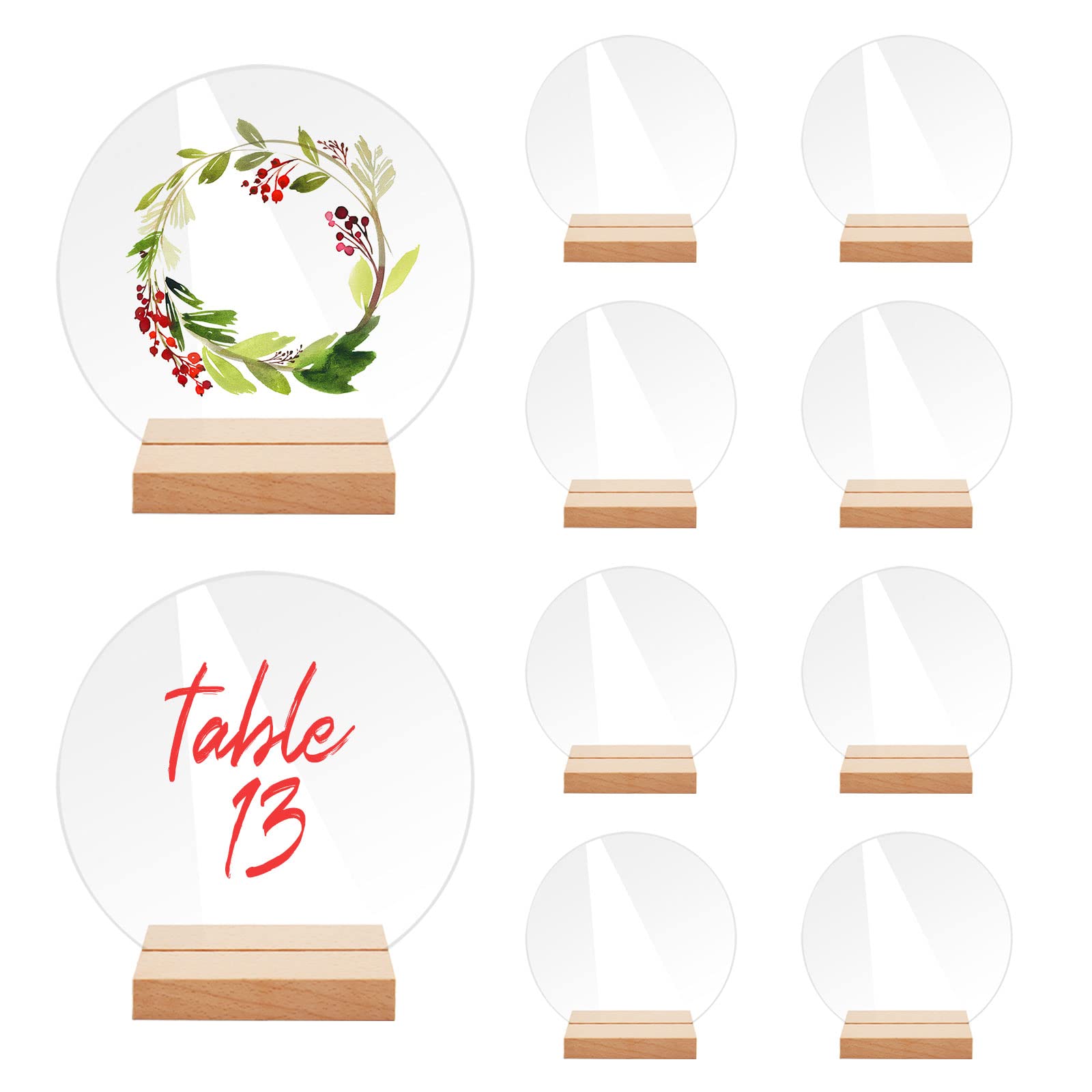 Lote de 10 Soporte para Letreros de Acrílico con Soporte de Madera, Reutilizables de Números de Mesa de Transparente, Números de Signos para la boda, café Menú Signos Centros Decoración (Redondo)