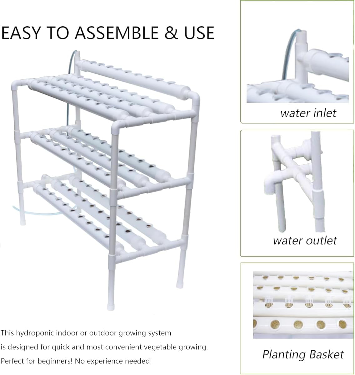 INTBUYING Hydroponics Growing System 90 Holes10 Pipes 3 Layers Plant Site Grow Kit Food-Grade PVC-U Pipes Hydroponic Gardending System with Water Pump, Nest Basket and Sponge