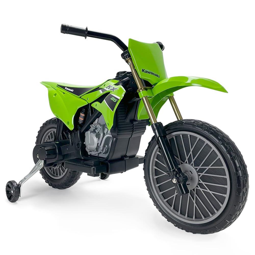 INJUSA - Moto Elettrica Kawasaki KX85, per Bambini +3 Anni, con Batteria 6V, Pedale Acceleratore, Ruote di Supporto, Freno Elettrico, Velocità 5 km/h, Verde