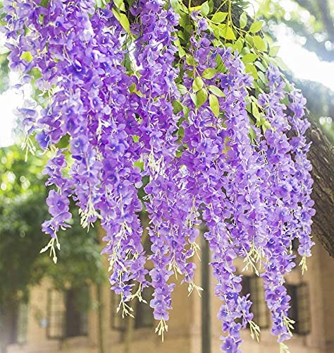 Image of Tia Crafts Artificial Hanging Flowers for Ceiling Balcony | Purple Wisteria Vine | Home Party Decor Garden Outdoor Greenery Wall Decoration |Waterproof Washable 3.7ft /45 Pack of 6 (Purple, 6)
