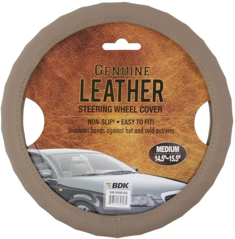 BDK Genuine Leather Steering Wheel Cover Medium 14.5"-15.5" Beige