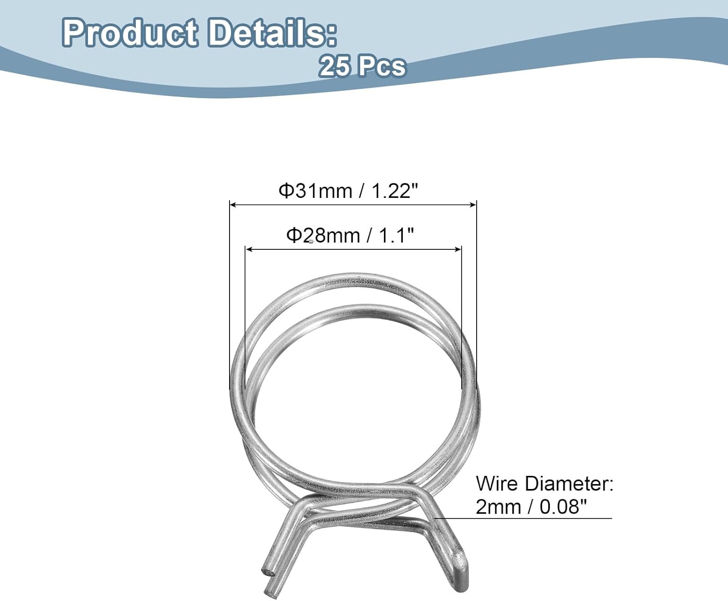 Generic 25Pcs 28mm/1.1inch Inner Dia Double Wire Spring Hose Clamp, Stainless Steel Adjustable Spring Clips for Hose Fuel Line Silicone Tube Water Pipe Air Pipe