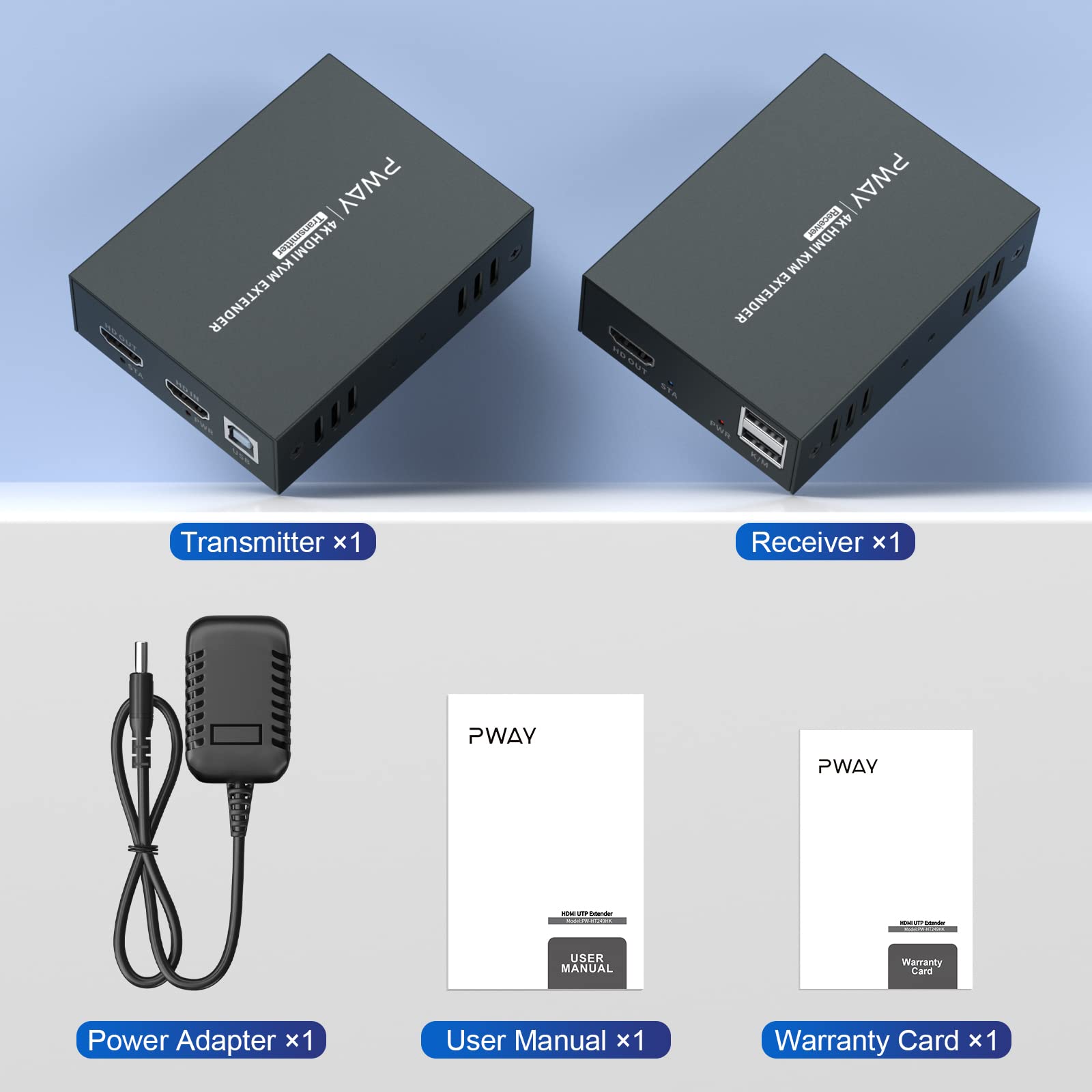 PWAYTEK Extendeur KVM HDMI 4K 60HZ- Kit Émetteur/Récepteur sur Câble RJ45 Cat5/5e/6/7 (50m Max) - Clavier/Sourche USB, Plug & Play​ (noir 4K)