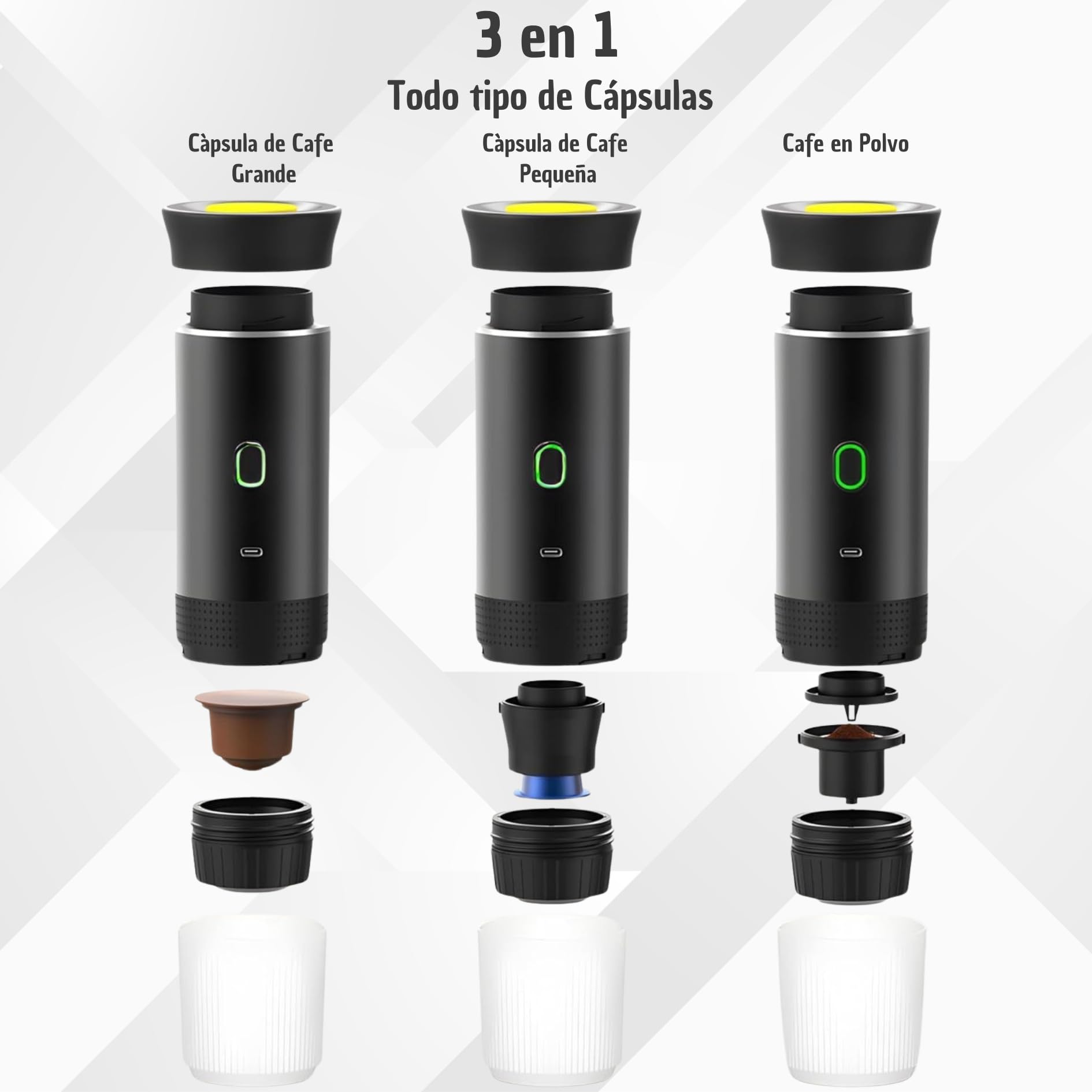 Cafetera Portátil 3 en 1 Compatible con Cápsulas Originales Ness-preso, Dolce-Gusto y Café Molido – Mini Máquina de Café Eléctrica con Calienta Agua –Capsulas Grande y Pequeña