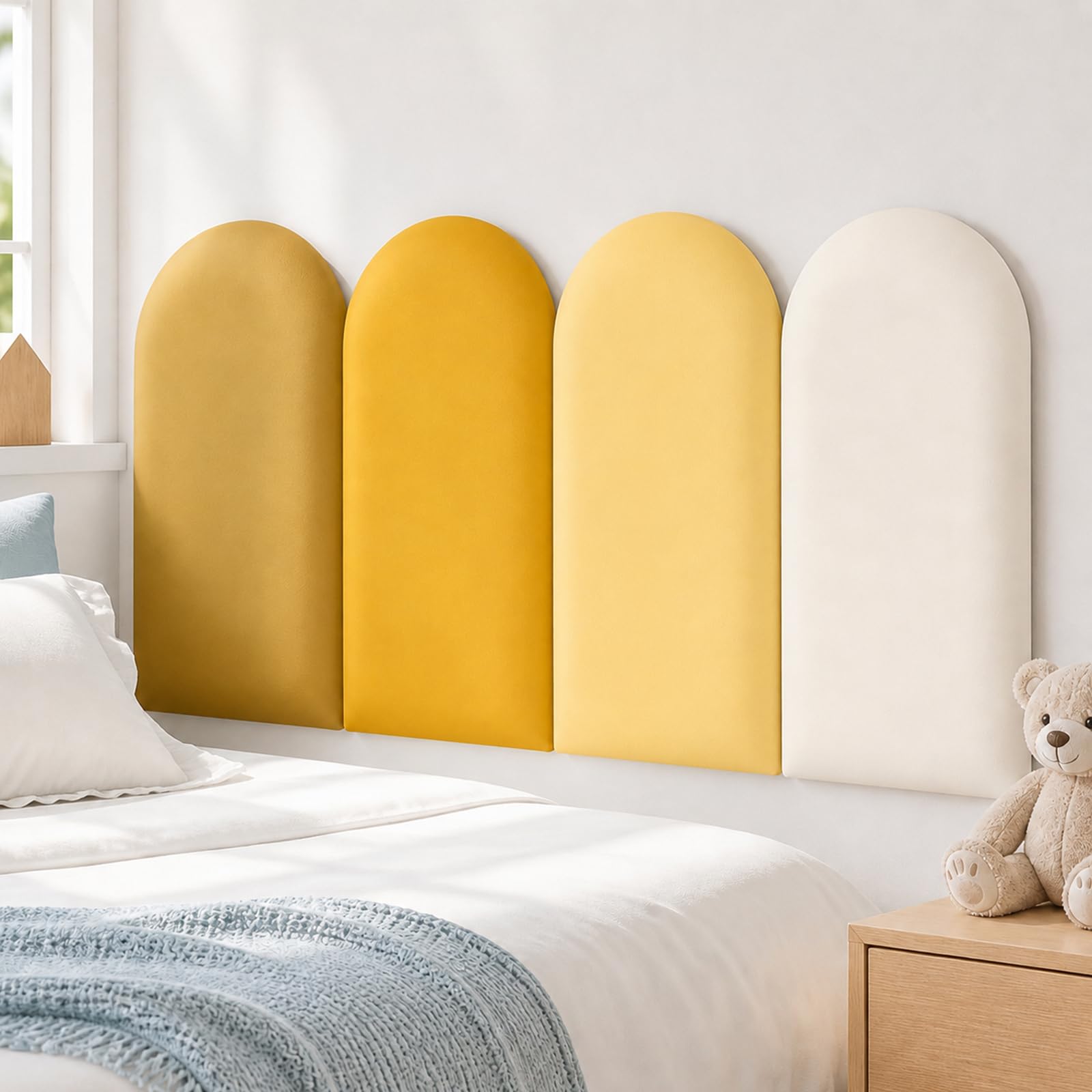 Pannelli da parete 3D, cuscinetti da parete autoadesivi, 4 pezzi, 20 x 40 cm, in poliuretano, impermeabili, per camera da letto, cameretta dei bambini (tonalità giallo)