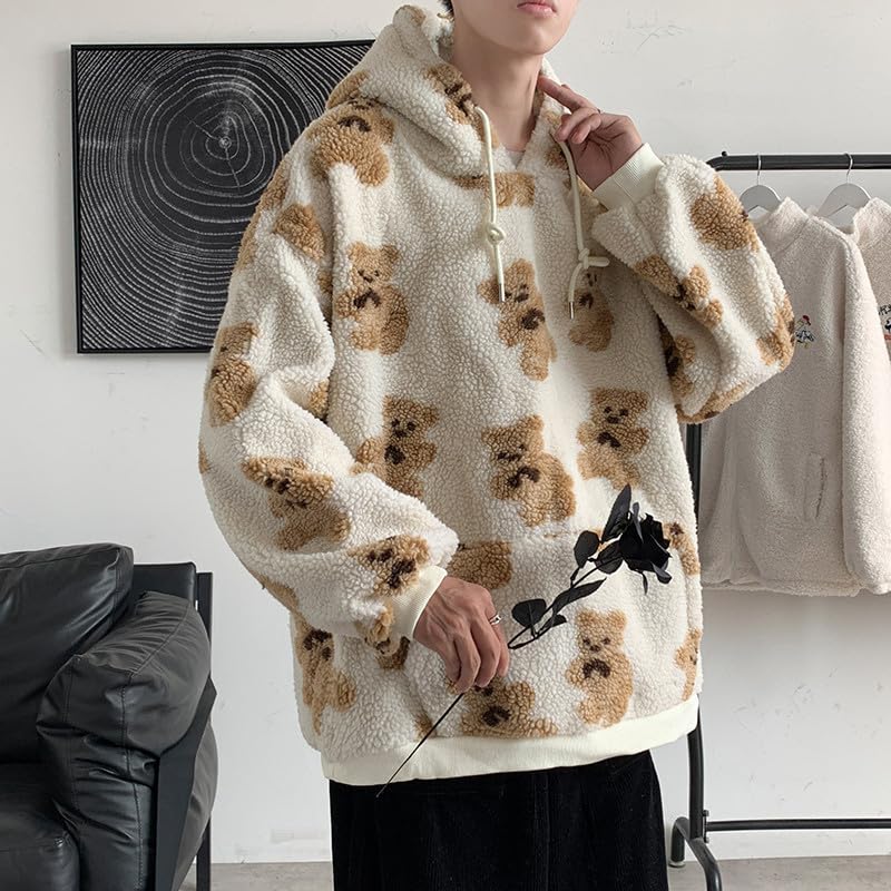 Bear Print Puffy Fuzzy Fleece Hoodies for Men Kawaii Long Sleeve Oversized Hooded Pullovers Autumn Baggy Sweatshirt3