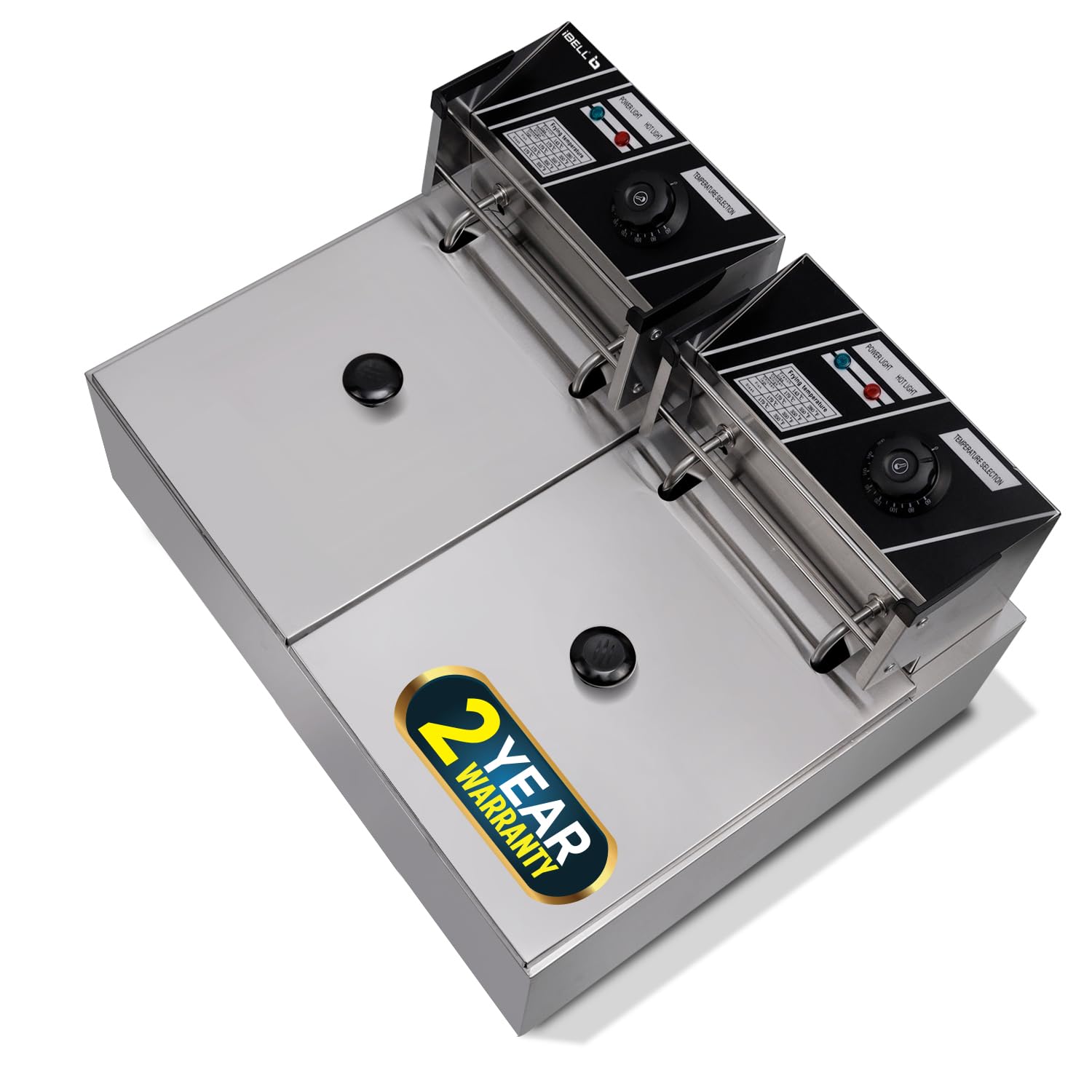 iBELL DF620M 12L Electric Deep Fryer | 2500W Stainless Steel Commercial Fryer | Double Tank & Basket | Adjustable Temperature Control | Tabletop Design | Silver | 2 Year Warranty