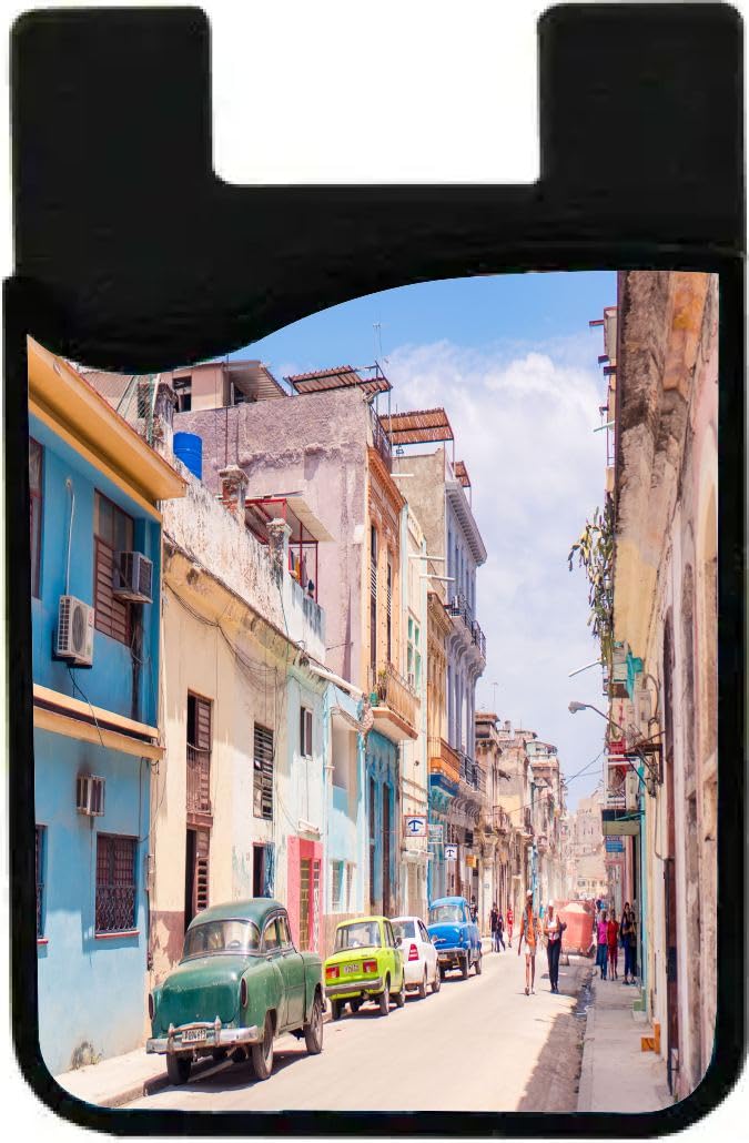 Island Gifting Neoprene Stick-on ID Card Holder for iPhone/Galaxy/Google Android Cases Featuring Image of Havana Streets with Cuba a Beautiful Cuba Landmark