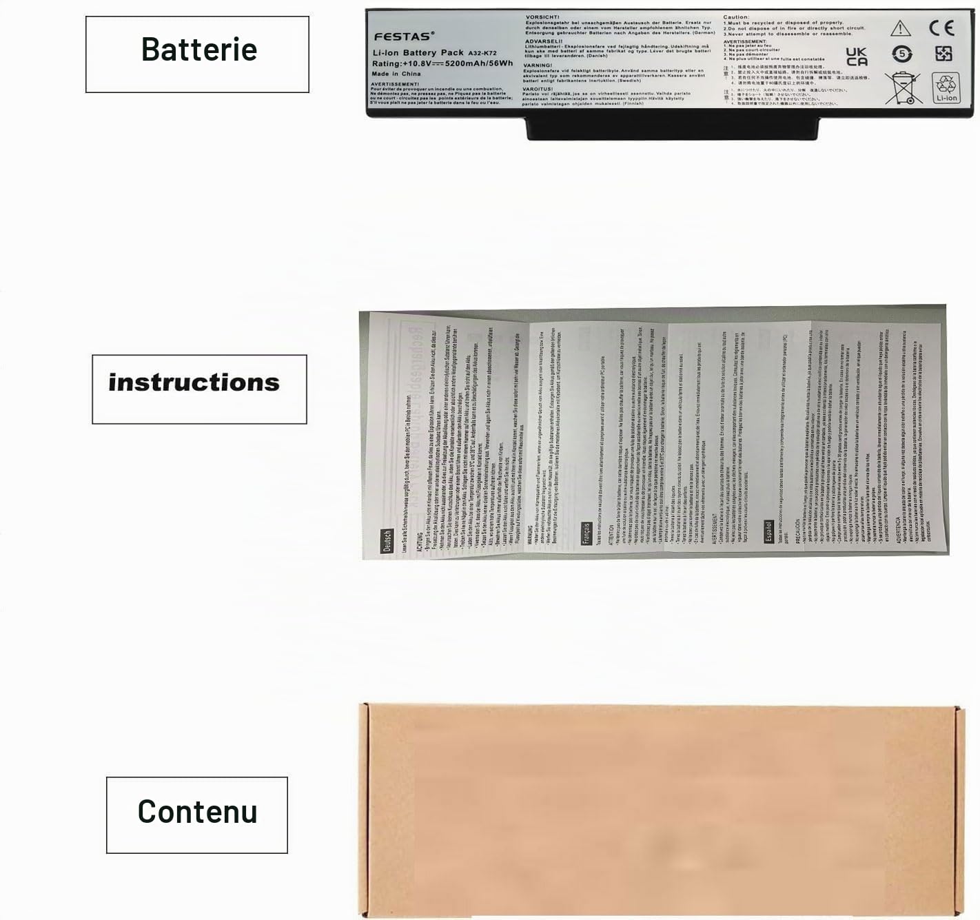 FESTAS 5200mAh A32-K72 Batterie Compatible avec ASUS K72 K72F K72J K73S | K73SV K72D K72DR K72DY K72JK K72JR K72JV A72 N71 N71J N73S N73SV N71JV N71V N73 N73J X73S X77 X73E X73 X73BY X73SD X73SV X73T